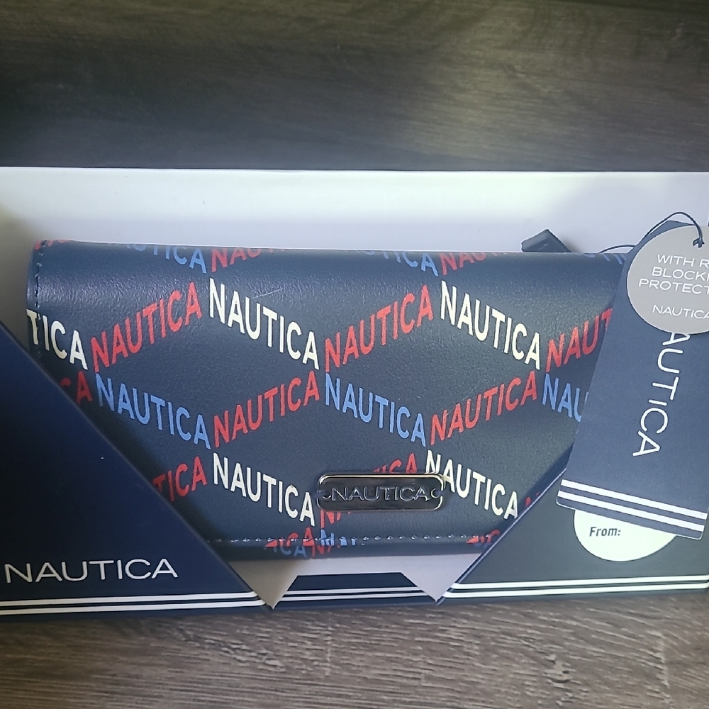 Nautica Blue Wallet with Colorful Logo Pattern